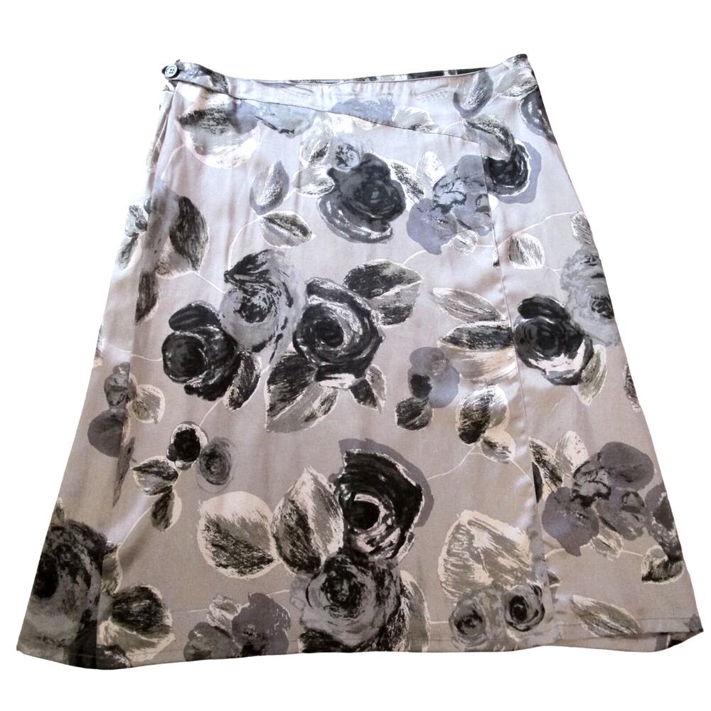 PIAZZA SEMPIONE Italy Silk Skirt Drop Waist A-Line Black Gray Roses IT 42 US 6